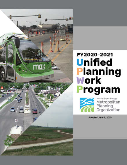 Cover of FY2019 UPWP with pictures of a train, cyclist, autos, FLEX bus, and VanGo vans