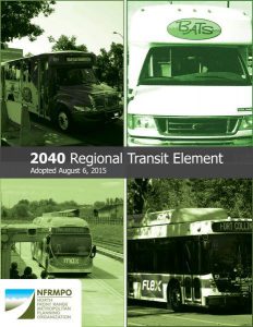 Cover of 2040 RTE Plan with pictures of transit vehicles and text: Adopted August 6, 2015