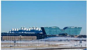 Denver International Airport showing distinctive mountain roof and hotel