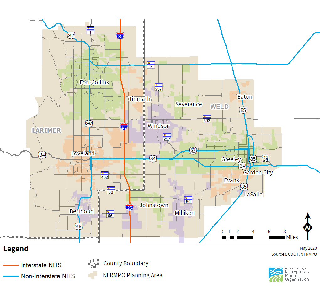 Map of the Interstate and non-Interstate National Highway System (NHS) in the NFRMPO region